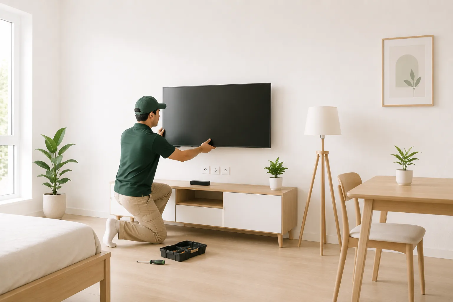 TV, bed and curtain installation during a Bangalore home setup