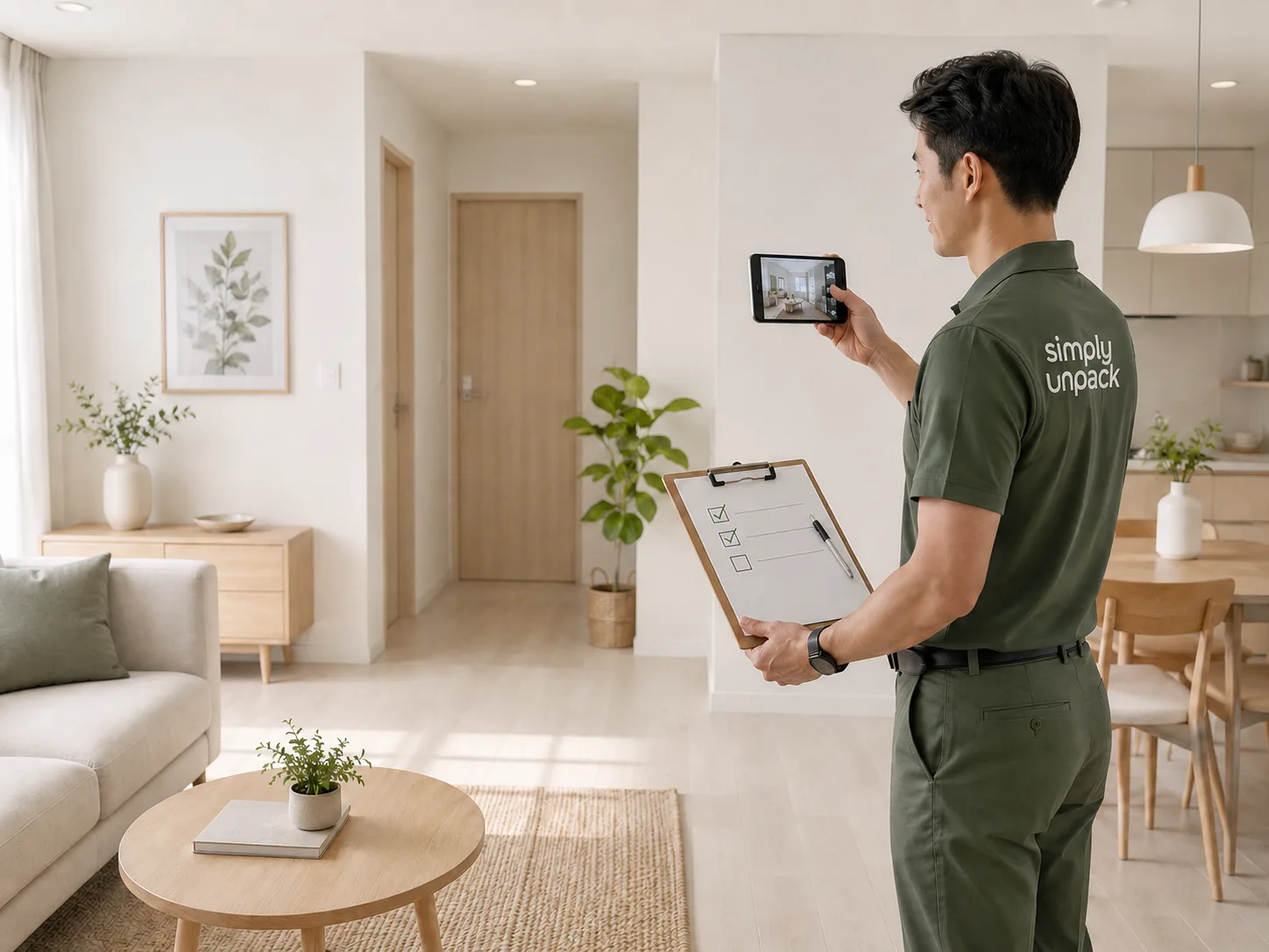 Room-by-room quality check and photo handover of a completed home setup
