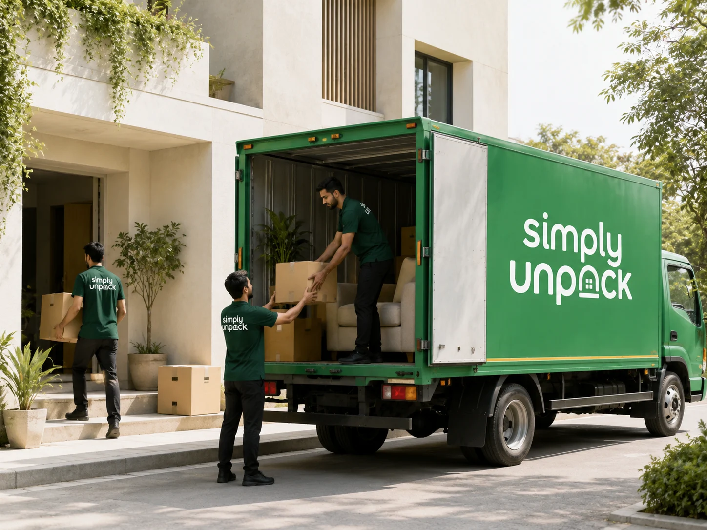 Simply Unpack packers and movers team loading a green Simply Unpack truck outside a Bangalore home