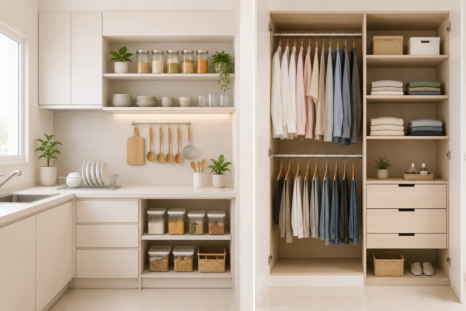 Organised kitchen shelves after unpacking in Bangalore