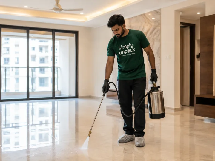 Simply Unpack technician spraying pest control treatment in an empty Bangalore apartment before move-in