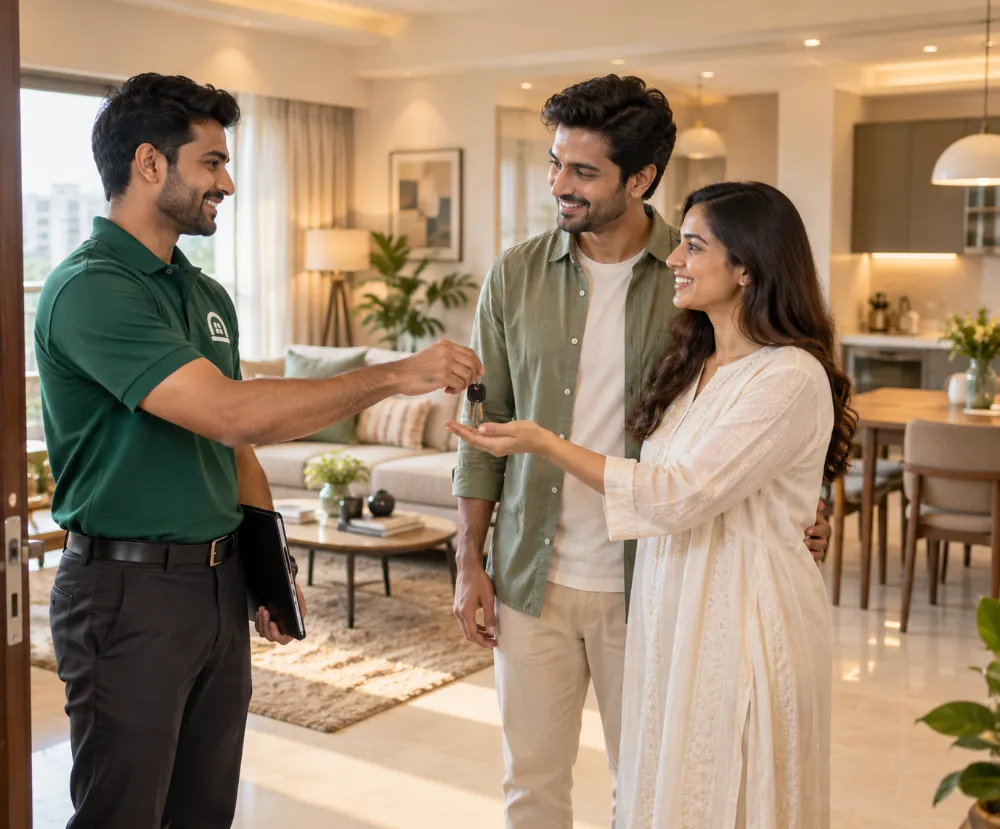 Simply Unpack handing the keys of the ready home to the customer