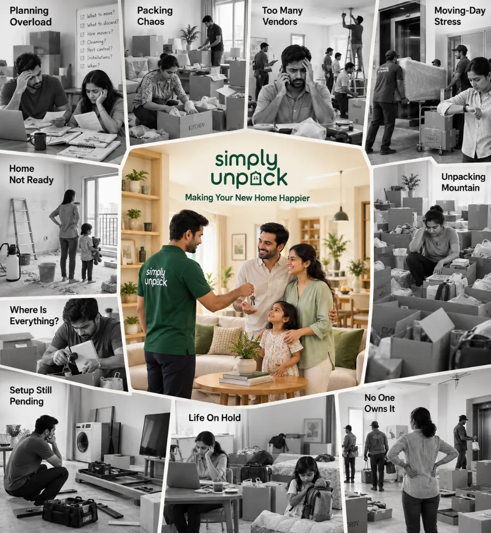 Collage of common moving pain points — planning overload, packing chaos, too many vendors, moving-day stress, unpacking mountain — around Simply Unpack handing over keys to a happy family in their new home