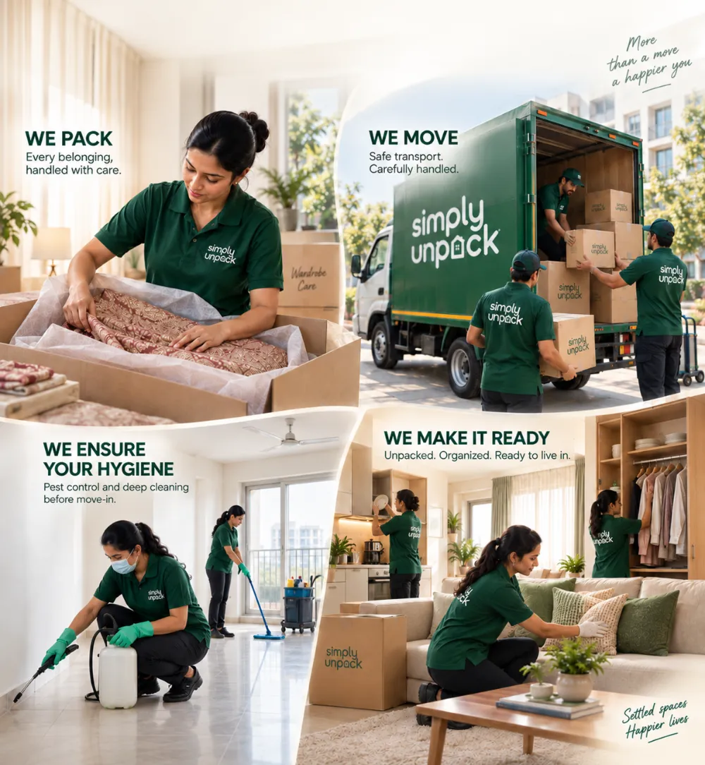 Simply Unpack services — packing belongings with care, safe transport by truck, pest control and deep cleaning before move-in, and unpacking and organising the new home