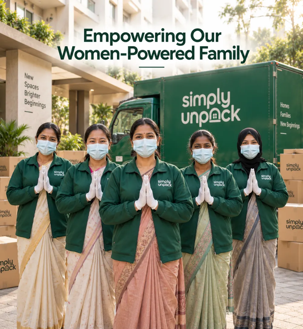 Simply Unpack's women-powered team in green uniforms greeting customers with folded hands in front of a branded moving truck